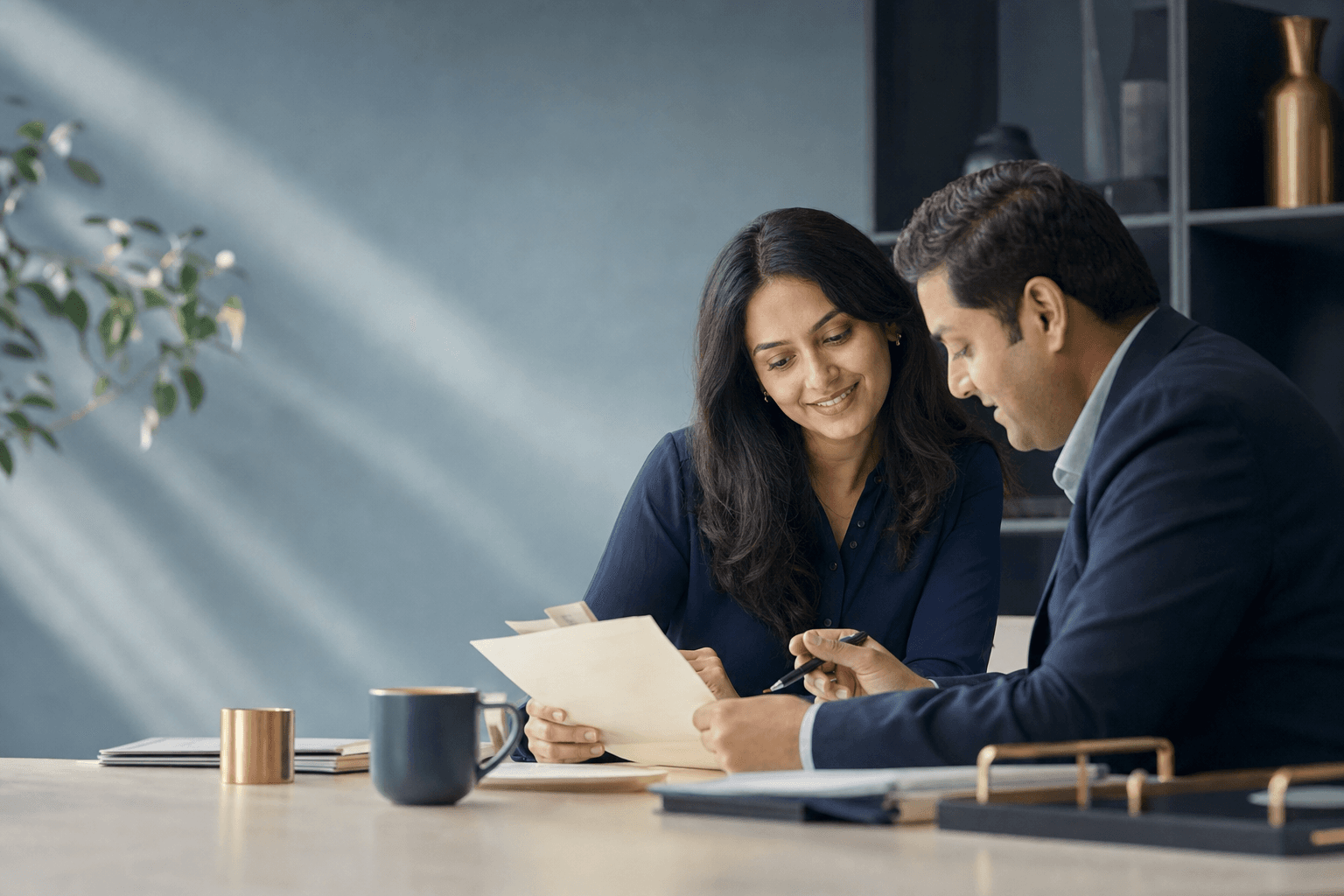 A borrower reviewing loan paperwork with an advisor
